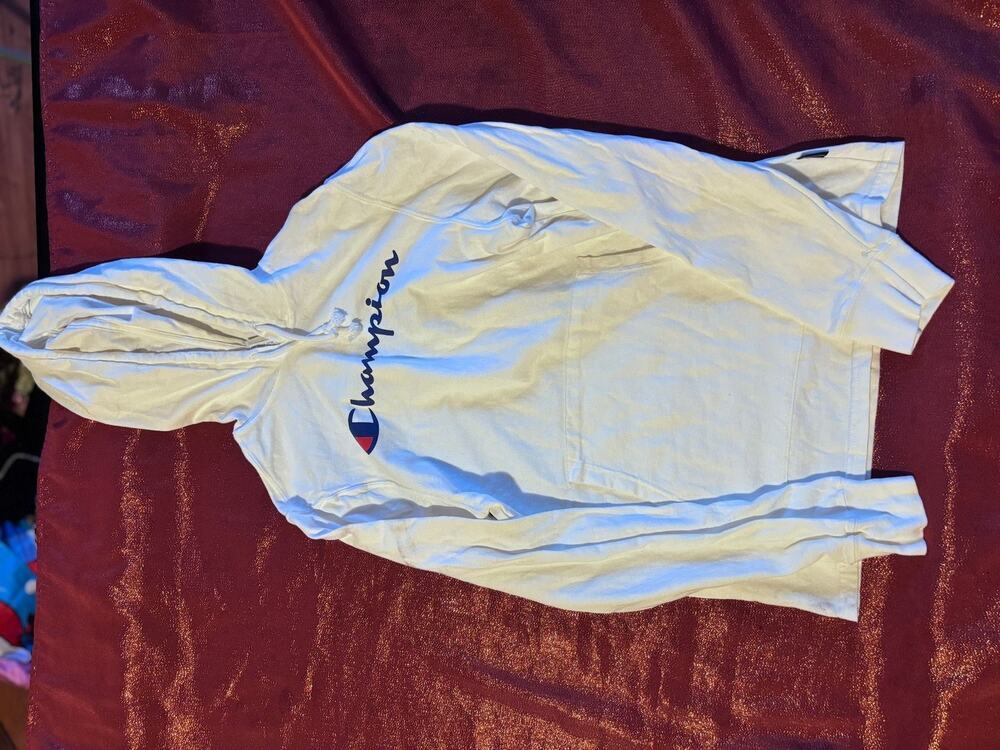 Champion Hoodie Mens S White Script Logo Pullover Hooded Pocket Drawstring